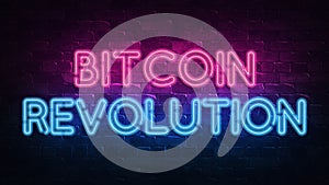 Bitcoin revolution neon signboard for banner design. Casino vegas game. Neon sign, light banner. Win fortune roulette. Fortune