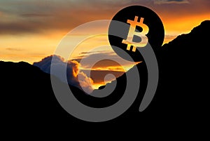 Bitcoin riding down into the valley in front of a sunset