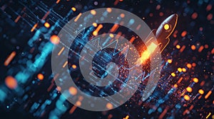 Bitcoin rocket doodle flying through growth chart in space