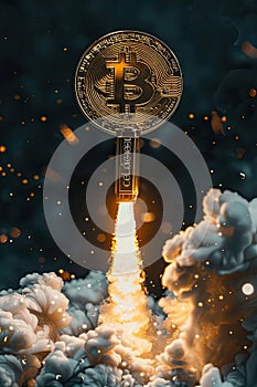 bitcoin rocket flies to the mountain. the concept of cryptocurrency appreciation