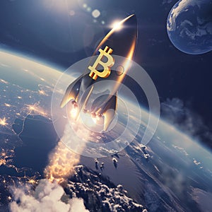 Bitcoin rocket flies up, cryptocurrency investing concept