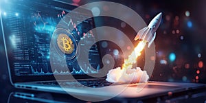 Bitcoin rocket launch from laptop screen symbolizing cryptocurrency growth and investment