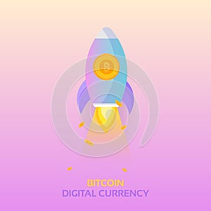 Bitcoin Rocket Ship Launching. Cryptocurrency Blockchain Crypto Vector