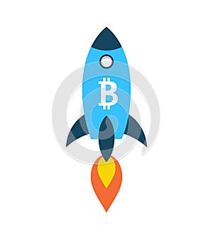 Bitcoin Rocket Ship Launching Into Space, Cryptocurrency, BTC, Virtual Currency