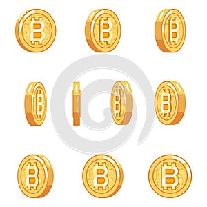 Bitcoin rotation animation coin technology digital money internet currency isolated icons set flat design vector