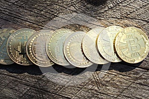 Bitcoin in a row.Blockchain technology, bitcoin mining concept