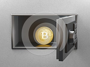 Bitcoin in the safe. Concept of Bitcoin investment, pension funds, financial institutions and banks. 3d rendering