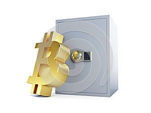 Bitcoin safe on a white background 3D illustration, 3D rendering