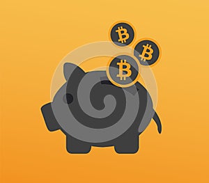 Bitcoin and Saving piggy bank, symbol on orange background