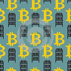 Bitcoin seamless pattern. Mining farm and Cryptocurrency background. Vector illustration