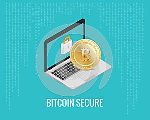 Bitcoin secure illustration with laptop and lock icon on the digital blue background. Isometric view.