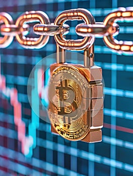 Bitcoin security concept with padlock on digital chain in cryptocurrency market.