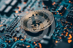 bitcoin shiner laid over circuit board photo