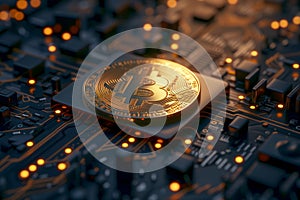 bitcoin shiner laid over circuit board photo