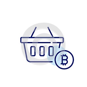 Bitcoin and shopping basket. Integration of cryptocurrency as a payment method for online shopping and e-commerce. Icon