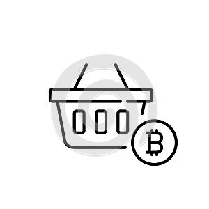 Bitcoin and shopping basket. Integration of cryptocurrency as a payment method for online shopping. Vector icon