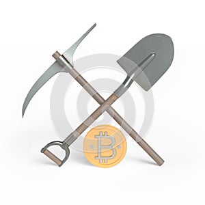 Bitcoin. Shovel, pickaxe and silver nugget.