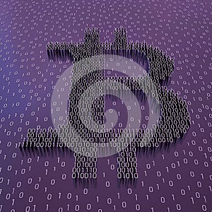 Digital currency symbol with digits 1 and 0 on purple background. Bitcoin sign and binary code perspective view, 3D render, 3D ill