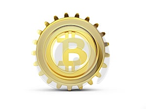 Bitcoin sign in a gold gear on a white background 3D illustration, 3D rendering