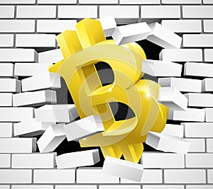 Bitcoin Sign Icon Breaking White Brick Wall