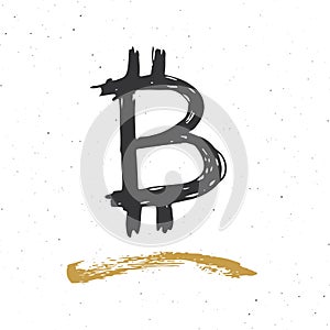 Bitcoin sign icon brush lettering, Grunge calligraphic symbols, vector illustration