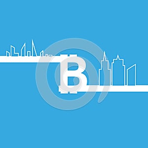 Bitcoin sign icon and line city for internet money. Crypto currency symbol and coin image for using in web projects or