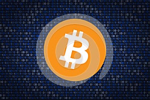 Bitcoin sign over binary background. Data protection from hacking