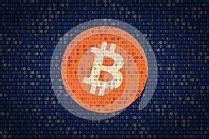 Bitcoin sign over binary background. Data protection from hacking. Cyber security