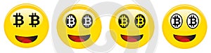 Bitcoin smiley emoticon. Yellow 3d emoji with black and white btc symbols in place of eyes.