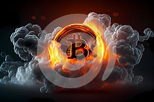 Bitcoin in smoke and fire. Generative ai