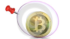 Bitcoin in a soap bubble with push-pin, 3d rendering isolated on white background. Concept of investment risks in bit