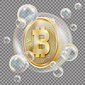 Bitcoin In Soap Bubble Vector. Investment Risk. Bitcoin Crash Digital Money. Crypto Currency Market. Realistic Isolated