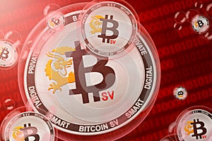 Bitcoin SV BSV crash, bubble. Bitcoin SV BSV cryptocurrency coins in a bubbles on the binary code background