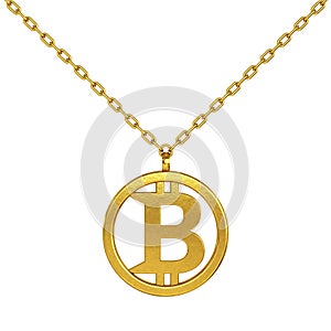 Bitcoin Symbol as Golden Coulomb with Chain. 3d Rendering photo