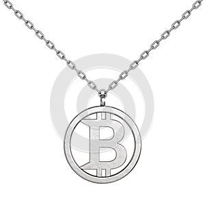 Bitcoin Symbol as Silver Coulomb with Chain. 3d Rendering