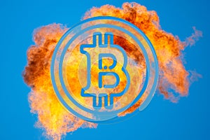 Bitcoin symbol the background of combustion of associated petroleum gas