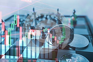 Bitcoin symbol on chess board game, tack financial statistic graph analysis data concept.