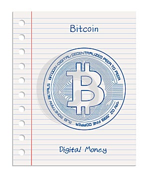Bitcoin symbol, crypto currency icon, realistic sheet of lined paper from a notebook, paper ripped from a block with holes