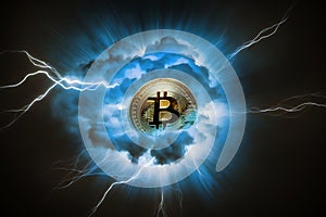 Bitcoin symbol on a dark sky emits lightnings. Bitcoin sign and flashes of electric lightning Digital electronic currency.