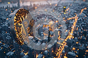 Bitcoin symbol dominates city skyline at dusk symbolizing cryptocurrencys future impact. Concept photo