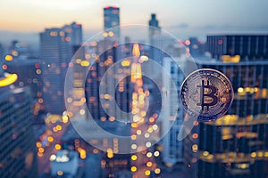 Bitcoin symbol dominates city skyline at dusk symbolizing cryptocurrencys future impact. Concept photo