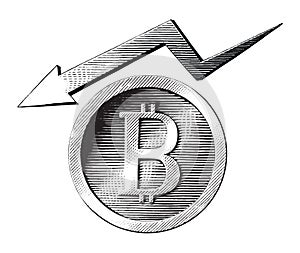 Bitcoin symbol with down trand hand draw vintage engraving style