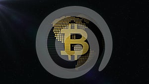 Bitcoin symbol on earth planet which rotates. Cosmos on Background. 4K