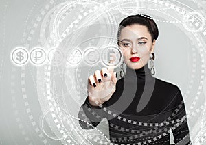 Bitcoin symbol and Female Hand. Blockchain Transfers Concept