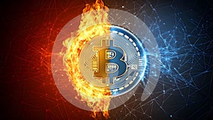 Bitcoin Symbol with Fire Ice Effect Representing Cryptocurrency Volatility Blockchain Technology
