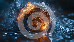 Bitcoin Symbol with Fire Ice Effect Representing Cryptocurrency Volatility Blockchain Technology