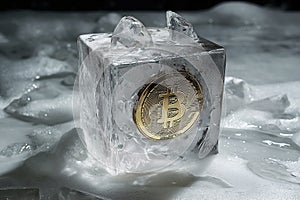 A Bitcoin symbol frozen within a clear ice cube.