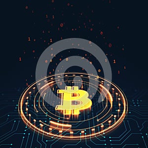 Bitcoin symbol glowing in a digital matrix background. 3D Rendering