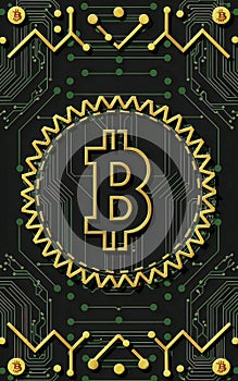 Bitcoin symbol in gold, surrounded by a gold and dark green circuit board design. The Bitcoin symbol is located in the middle on a