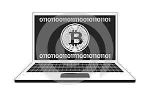 Bitcoin symbol on laptop screen with binary code 2D line object